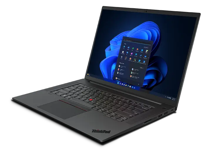 Forward-facing  Lenovo ThinkPad P1 Gen 6 (16, Intel) mobile workstation, opened at an angle, showing full keyboard, display with Windows 11 start-up screen, & right-side ports 