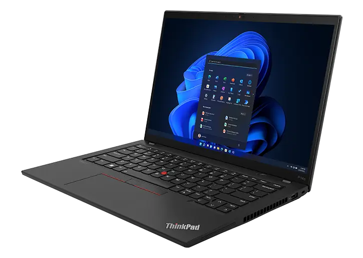 ThinkPad P14s Gen 4 (14, intel) portable workstation – front view from the right, lid open, with windows menu on display