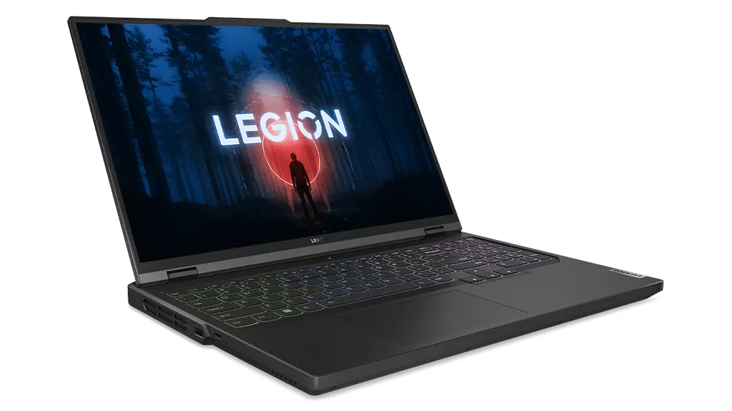 Legion 5 Pro Gen 8 (16, AMD) front facing right laying flat with screen on
