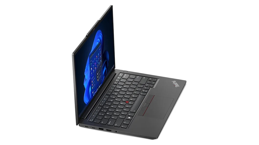 Lenovo ThinkPad E14 Gen 5 (14, AMD) laptop in Graphite Black – front-left view from above, lid open, with Windows 11 menu on the display
