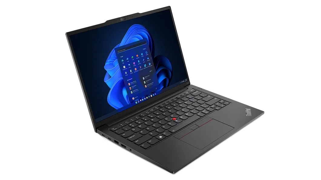 Lenovo ThinkPad E14 Gen 5 (14, AMD) laptop in Graphite Black – front-left view from above, lid open, with Windows 11 menu on the display
