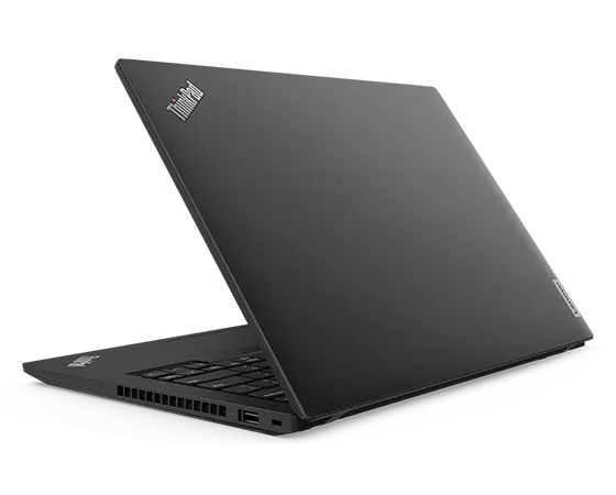 Rear, side-angle view of Lenovo ThinkPad P14s Gen 4 (14, AMD) mobile workstation, opened 75 degrees, showing part of keyboard, rear cover, & ThinkPad logo