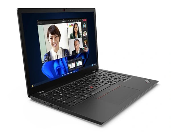 Overhead shot of Lenovo ThinkPad L13 Gen 4 laptop open 90 degrees, angled to show left-side ports, keyboard, & display with video call in session.