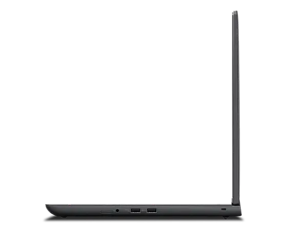 Perfil do lado direito da workstation móvel Lenovo ThinkPad P16v de 16" (40,64 cm, AMD), aberta a 90 graus, a mostrar as margens do ecrã e do teclado, e as portas do lado direito