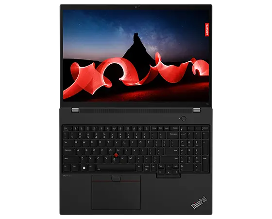Lenovo ThinkPad T16 Carbon Gen 2 Notebook, Ansicht von oben, um 180 Grad geöffnet, mit Blick auf das Display und die Tastatur.