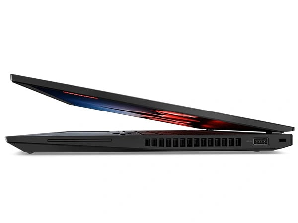 Rechtes Seitenprofil des fast geschlossenen Lenovo ThinkPad T16 Gen 2 Notebooks.