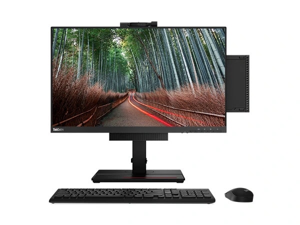 Lenovo ThinkCentre M70q Gen 4 Tiny (Intel) PC neben einem ThinkCentre Tiny-in-One Monitor sowie Tastatur und Maus