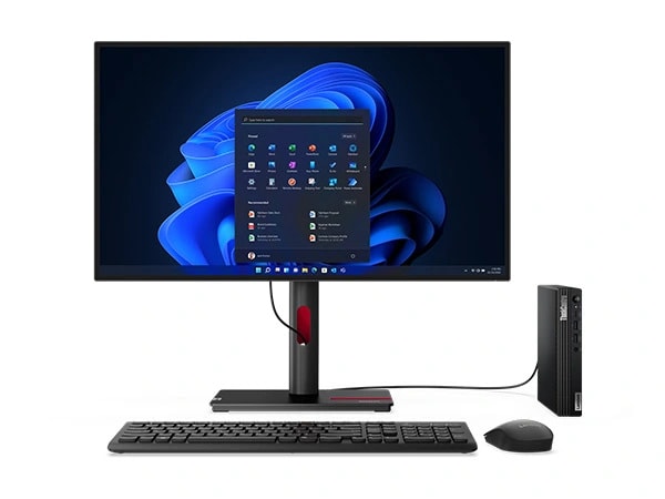 Forward-facing Lenovo ThinkCentre M70q Gen 4 Tiny (Intel) PC, with cables into a ThinkCentre Tiny-in-One monitor, plus keyboard & mouse
