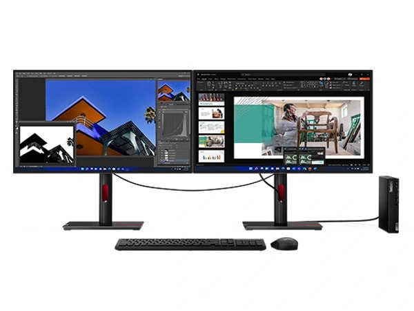 Forward-facing Lenovo ThinkCentre M70q Gen 4 Tiny (Intel) PC, with cables into two ThinkCentre Tiny-in-One monitors, plus keyboard & mouse