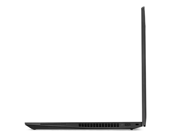 Right-side view of ThinkPad T16 Gen 1 (16” AMD) laptop, opened 180 degrees, showing edges of display and keyboard