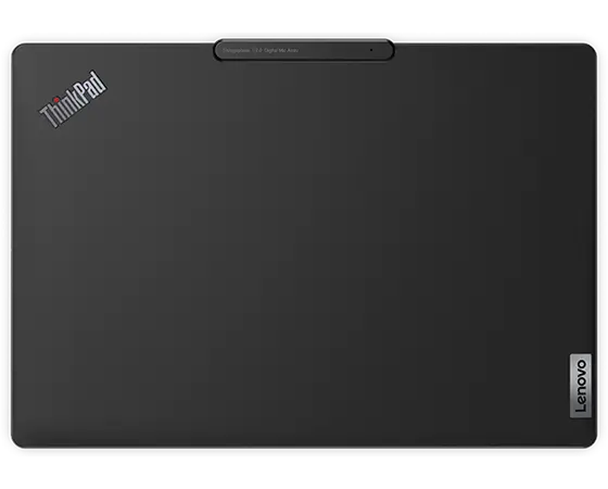 Top cover of Lenovo ThinkPad X13s laptop in Thunder Black, made of certified 90% recycled magnesium. 
