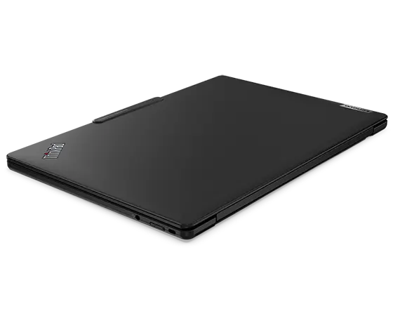 Closed cover on the Lenovo ThinkPad X13s laptop, angled to show left-side ports.