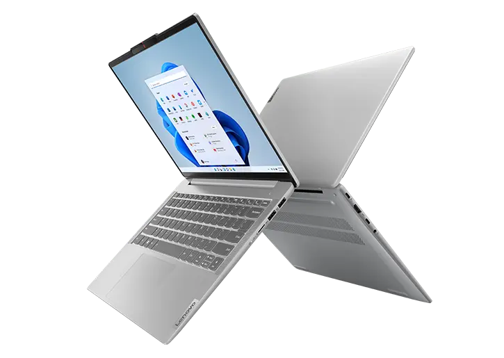 Back-to-back 14 Lenovo IdeaPad Slim 5 AMD laptops open 90 degrees and forming an ‘X’ with keyboard and display showing on front facing device.