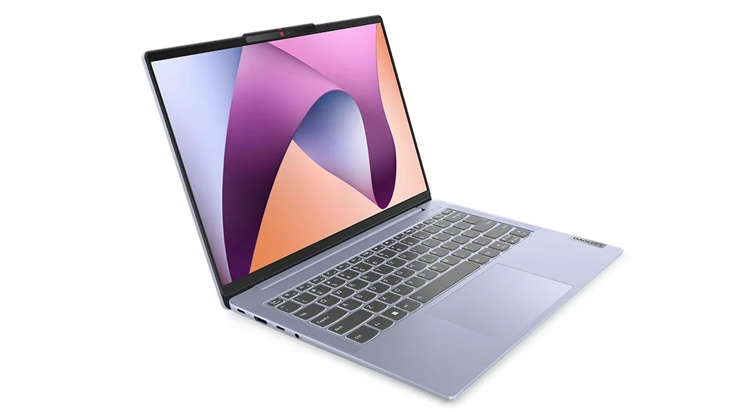 Three-quarter right-facing view of 14 Lenovo IdeaPad Slim 5 open to 100 degrees, showing display and keyboard.