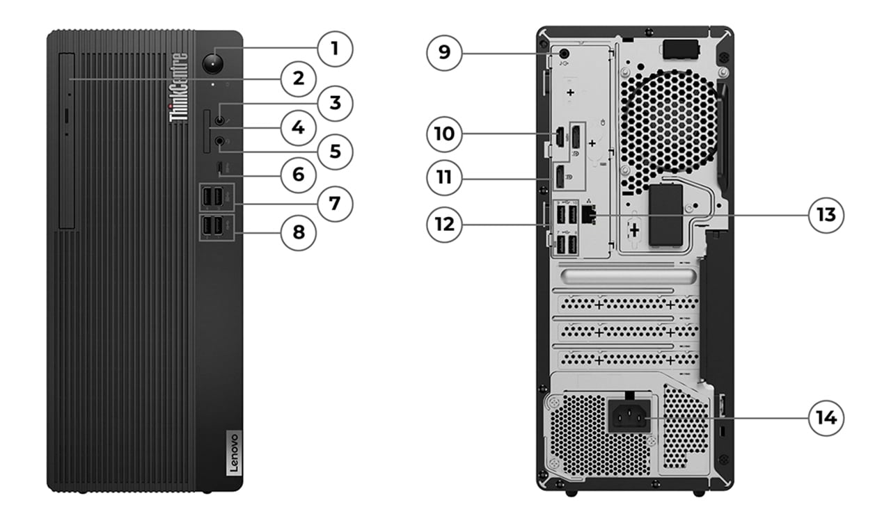 Two Lenovo ThinkCentre M70t Gen 4 (Intel) desktop towers – rear and front views, with ports, slots, and buttons numbered for identification