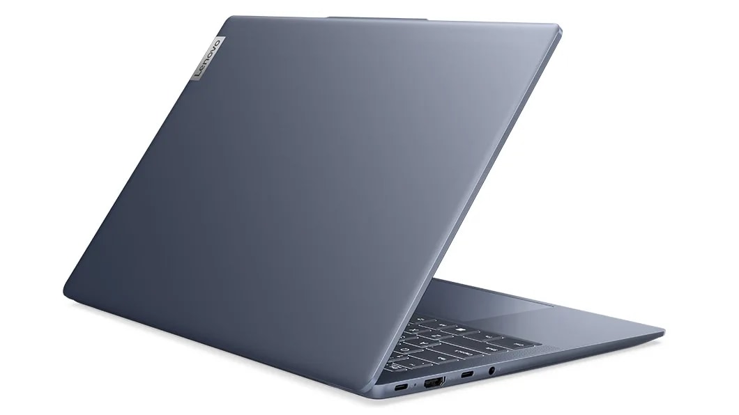 Rear right-facing view of 14 Lenovo IdeaPad Slim 5 AMD open to 45 degrees showing cover with Lenovo logo and glimpse of keyboard.