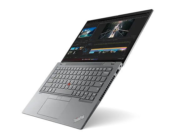 Lenovo ThinkPad T14 Gen 4 Notebook in Storm Grey, Ansicht von hinten, teilweise geöffnet, schräg mit Blick auf die Anschlüsse auf der rechten Seite.