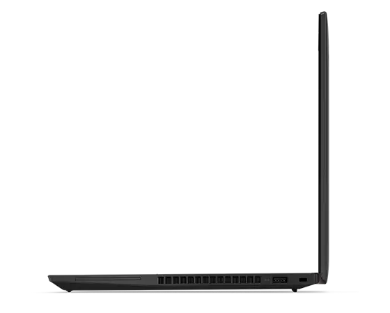 Vista de perfil del lateral derecho del portátil Lenovo ThinkPad T14 de 4.ª generación en color Thunder Black, abierto en un ángulo de 90 grados.