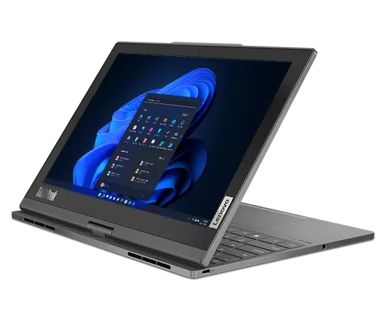 Lenovo ThinkBook Plus Gen 4 (13″ Intel) 2-in-1 laptop—right-front view, stand-style E-paper mode, with Windows menu on the display