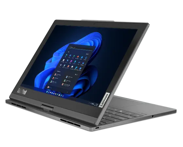 Lenovo ThinkBook Plus Gen 4 (13, Intel) 2-in-1 laptop—right-front view, stand-style E-paper mode, with Windows menu on the display