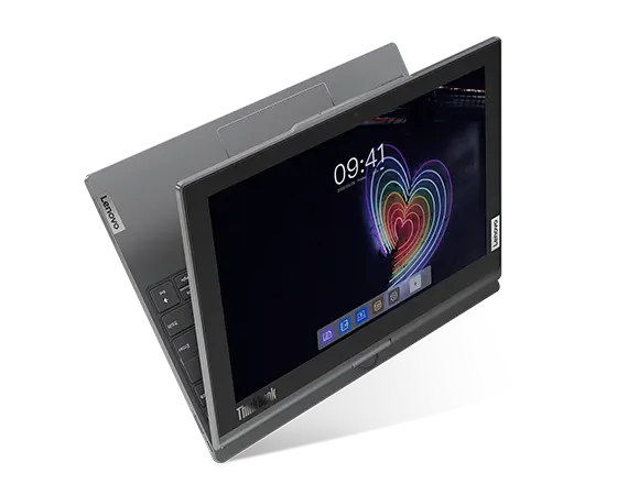 Lenovo ThinkBook Plus Gen 4 (13″ Intel) 2-in-1 laptop—front-left view, balanced on one corner, in E-paper mode, with a menu on the display