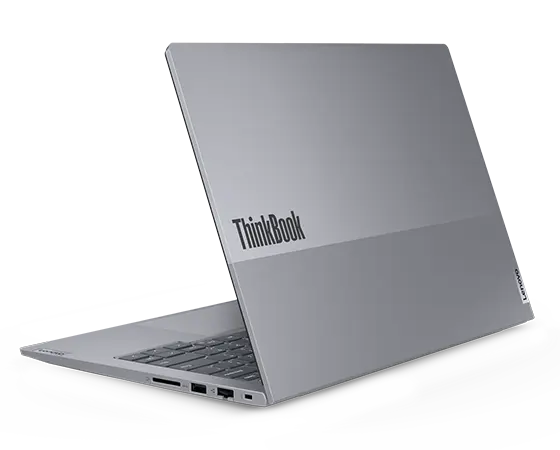 Rear-facing Lenovo ThinkBook 14 Gen 6 laptop showcasing dual-toned top cover with right-side ports.