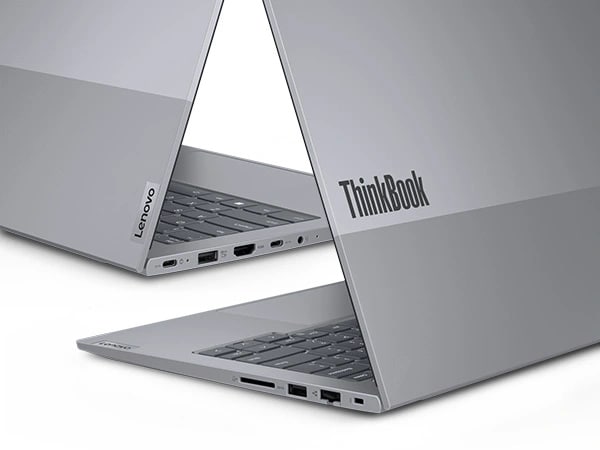 Two cropped & close up rear-facing Lenovo ThinkBook 14 Gen 6 laptops with focus on dual-toned top cover & right- & left-side ports.