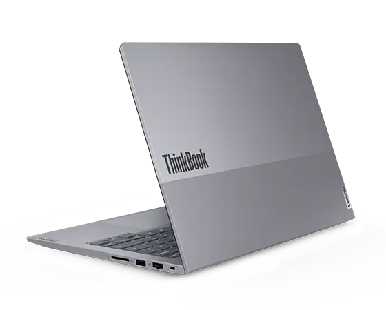 ThinkBook 14 Gen 6-laptop (14" Intel), achteraanzicht vanaf rechts, scherm gedeeltelijk geopend