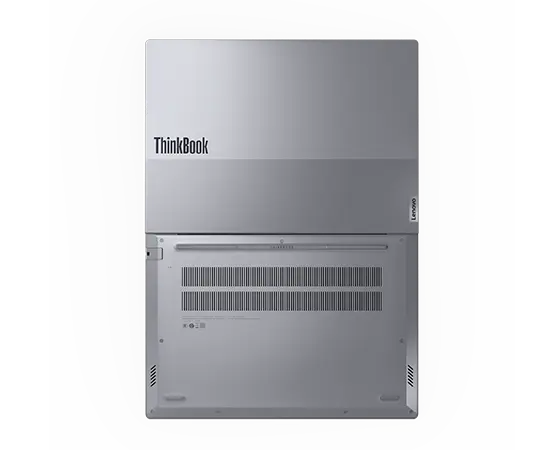 ThinkBook 14 Gen 6 (14″ Intel) laptop—bottom view, lid open 180 degrees