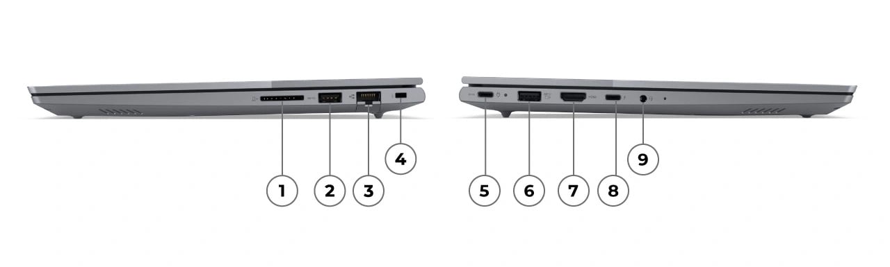 Two ThinkBook 14 Gen 6 (14″ Intel) laptops—left and right side views, back to back, lids closed, with ports and slots numbered for identification