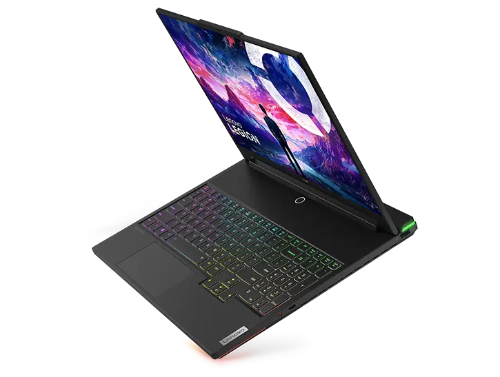 Legion 9i Gen 8 (16″ Intel) floating, front-facing right, display and RGB keyboard backlight turned on