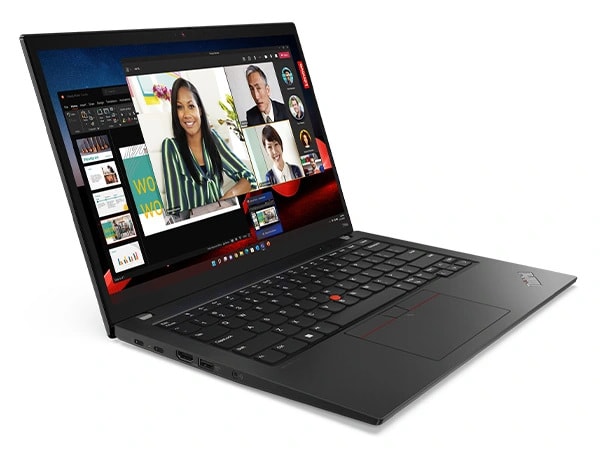 Lenovo ThinkPad T14s Gen 4 Notebook in Deep Black, Blick auf die Anschlüsse auf der linken Seite, die Tastatur und das Display.