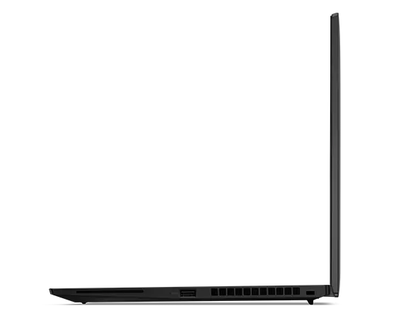 Lenovo ThinkPad T14s Gen 4 Notebook, rechtes Seitenprofil, um 90 Grad geöffnet.