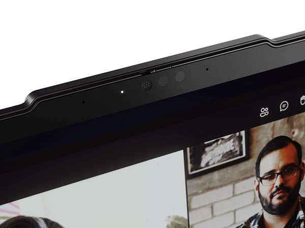 Close-up, cropped detail of the Communications Bar with camera on, on the Lenovo ThinkPad X13 Gen 4 laptop.