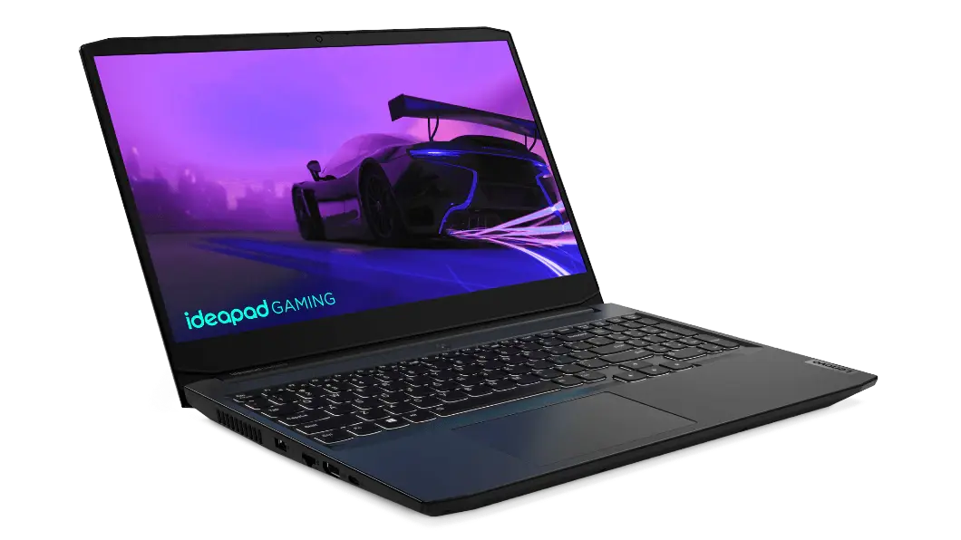 Laptop Lenovo IdeaPad Gaming 3i de 6ta generación (15.6”, Intel): vista de semiperfil derecho con la tapa abierta, a poco más de 90°, con la retroiluminación del teclado en blanco y una imagen de un auto de 