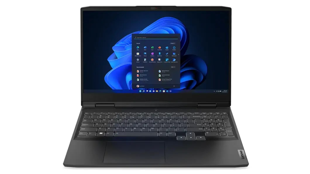 Imagen frontal de la laptop IdeaPad Gaming 3i 7ma Gen (15.6”, Intel), con Windows 11 en pantalla en color Onyx grey (gris Onyx)