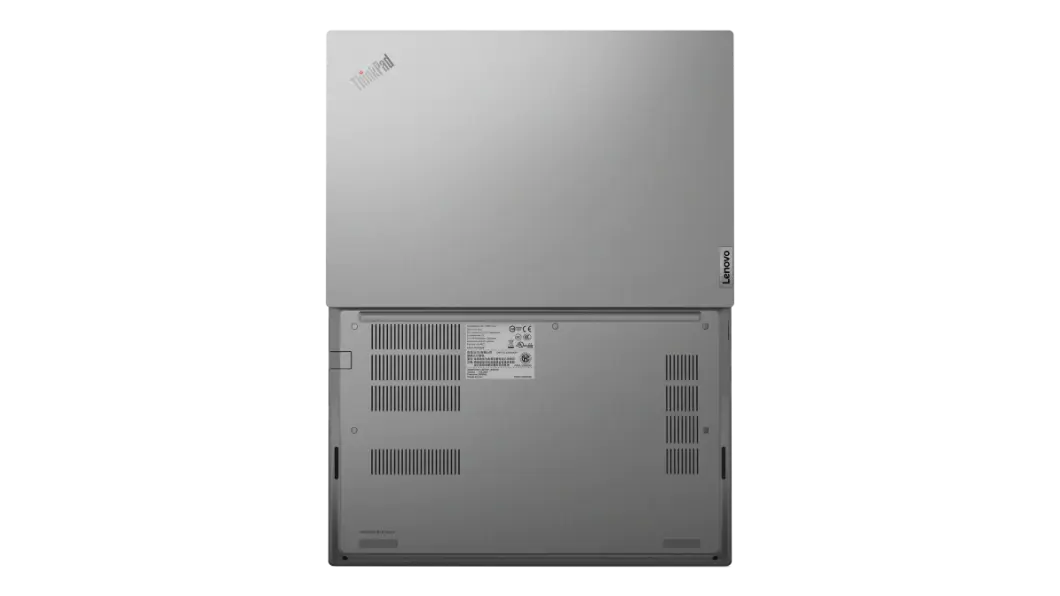 Overhead view of back side of silver Lenovo ThinkPad E14 Gen 2 open 180 degrees