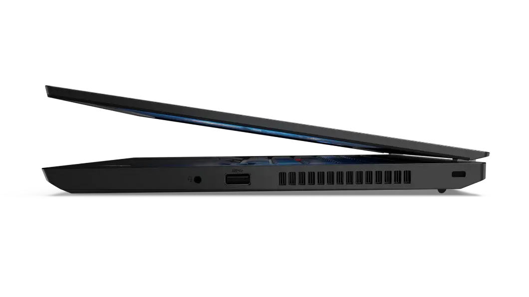 Vista lateral derecha de la computadora portátil Lenovo ThinkPad L14 de 2da generación (Intel) abierta a unos 10°