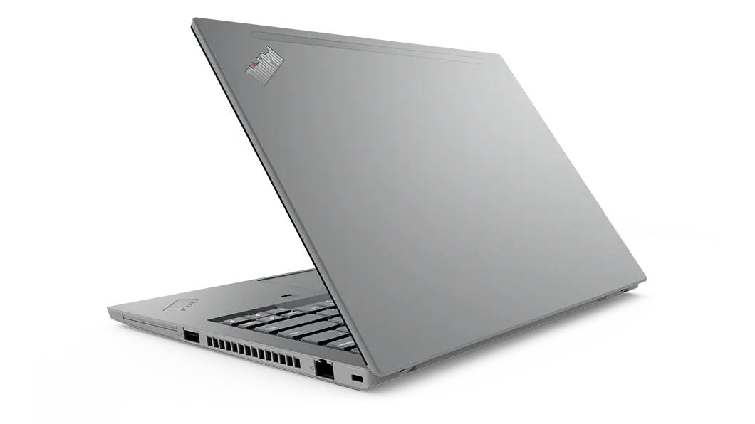 Perfil del lateral izquierdo de la notebook Lenovo ThinkPad T14 de 2da generación (14”, AMD) abierta en un ángulo de 90°