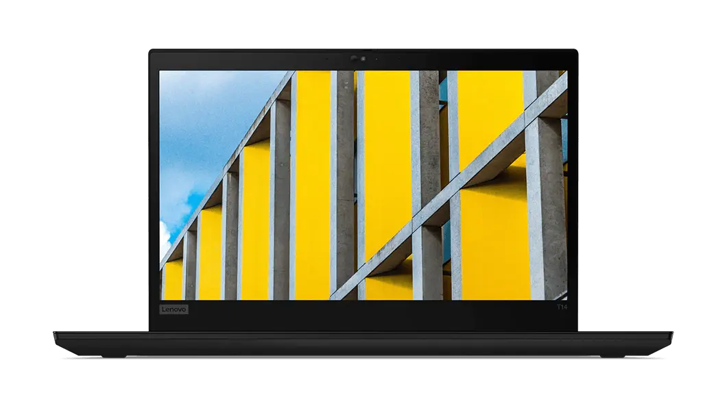 Portátil Lenovo ThinkPad T14 de 2da generación (14”, AMD) de frente, abierta en un ángulo de 90° con enfoque en la pantalla