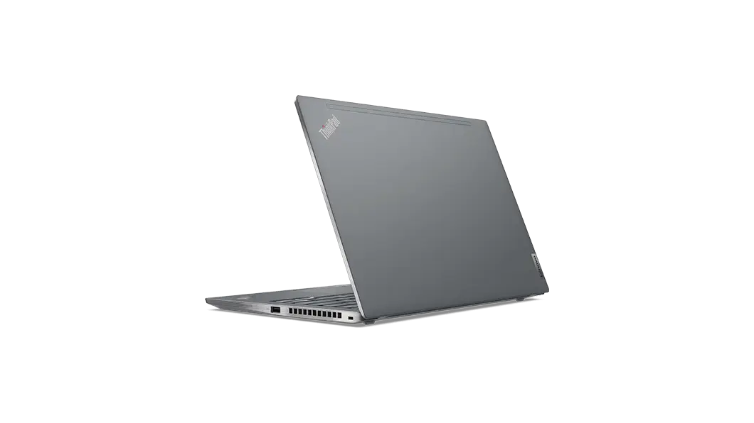 Rear view of Lenovo ThinkPad T14s Gen 2 laptop in Storm Grey open 90 degrees and angled to show right-side ports.