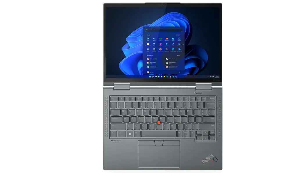 Imagen trasera de la portátil Lenovo ThinkPad X1 Yoga Gen 7 (14&quot;, Intel) abierta a poco menos de 90°