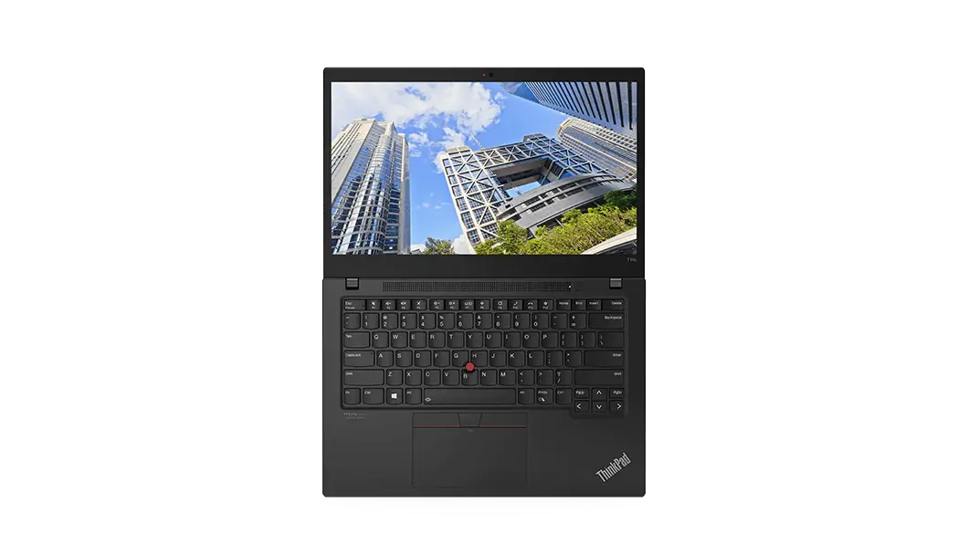 Overhead shot of Lenovo ThinkPad T14s Gen 2 laptop open 180 degrees showing display and keyboard in Black.