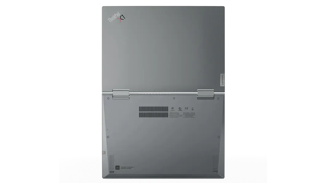 Vista superior de la parte inferior de laptop Lenovo ThinkPad X1 Yoga 2 en 1 de 7ma generación abierta en un ángulo de 180°