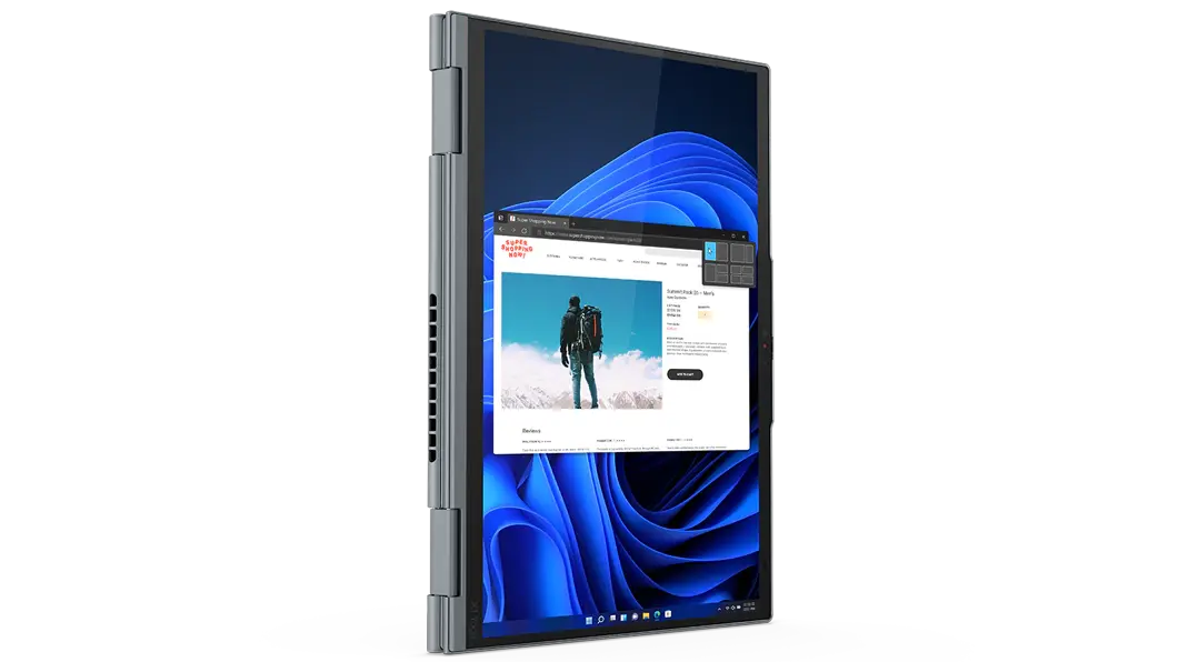 Vista superior de la laptop Lenovo ThinkPad X1 Yoga Gen 7 (14&quot;, Intel) en modo laptop, abierta a 180°