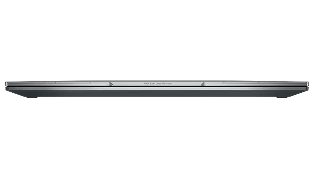 Parte frontal de la notebook Lenovo ThinkPad X1 Yoga 2 en 1 de 7ma generación con la cubierta cerrada y la parte superior de la barra de comunicaciones visible