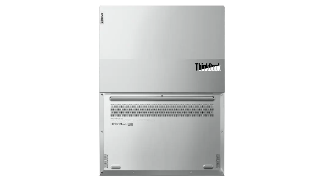 Vista posterior de la laptop Lenovo ThinkBook 13x, abierta 180° y vista desde arriba, que revela las salidas de aire inferiores y la cubierta superior Cloud Grey (gris nube) de dos tonos y el logotipo de ThinkBook