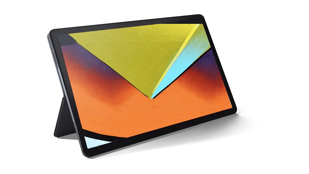 Front view of Lenovo Tab P11 tablet in Slate Gray with folio stand, angled to show left side