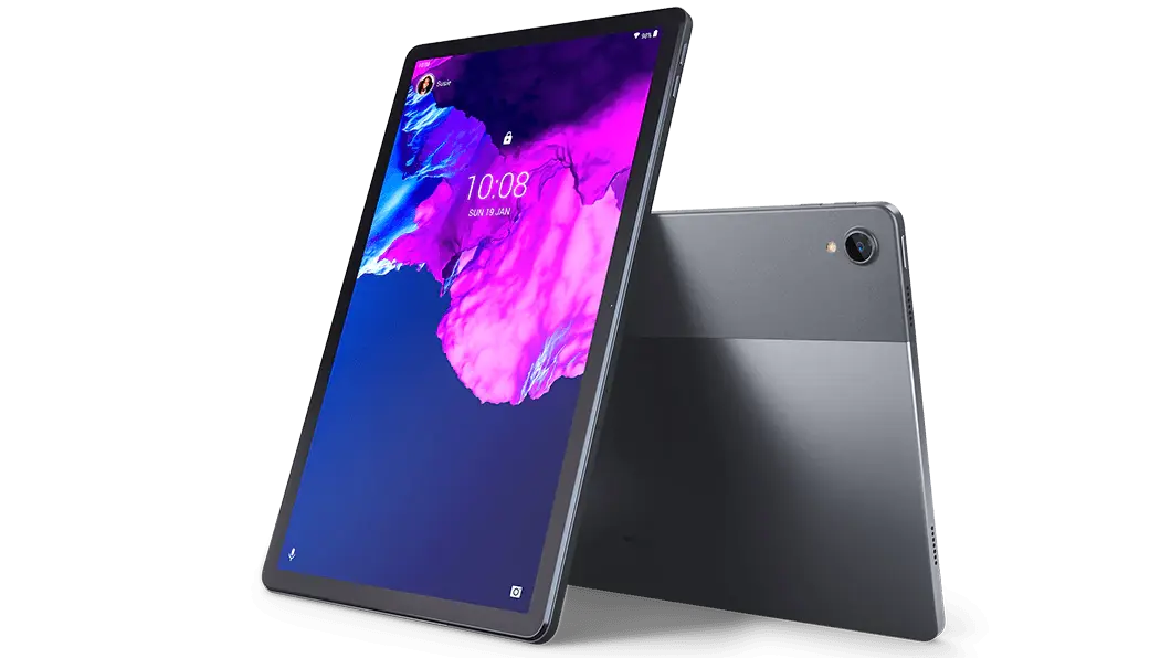 Angled view of vertical front and horizontal back of Lenovo Tab P11 tablet in Slate Gray