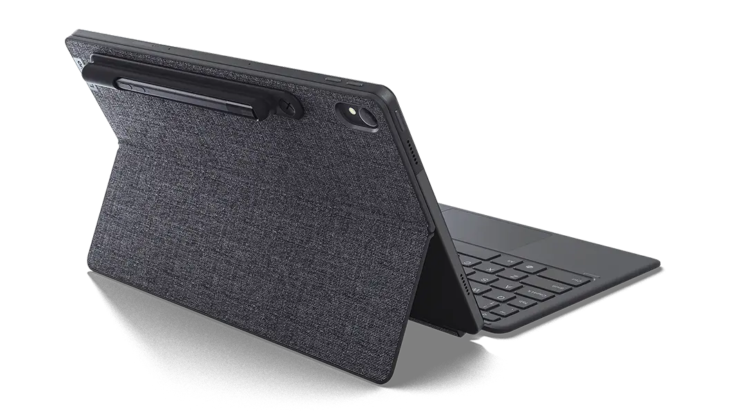 ¾ rear view of Lenovo Tab P11 tablet in Slate Gray with folio stand